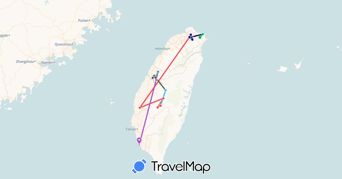 TravelMap itinerary: driving, bus, cycling, train, hiking, boat, motorbike in Taiwan (Asia)